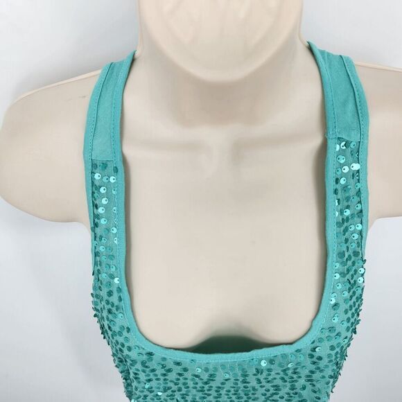 Mossimo Racer Back Tank Top Women's Med Green Sequins Rayon Polyester Scoop Neck - Picture 5 of 7